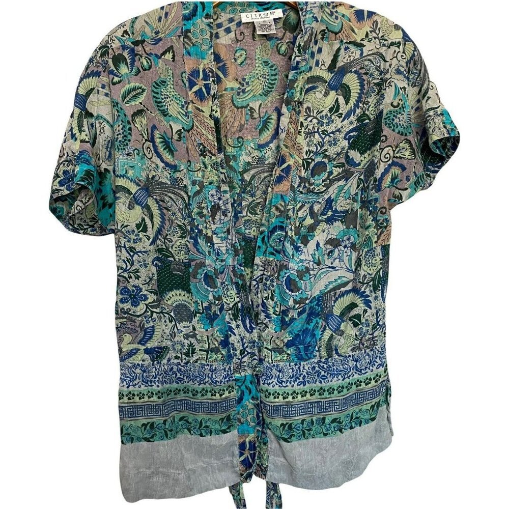 Citron Santa Monica Bird Silk Linen peacock Turquoise Jacquard Small Blouse